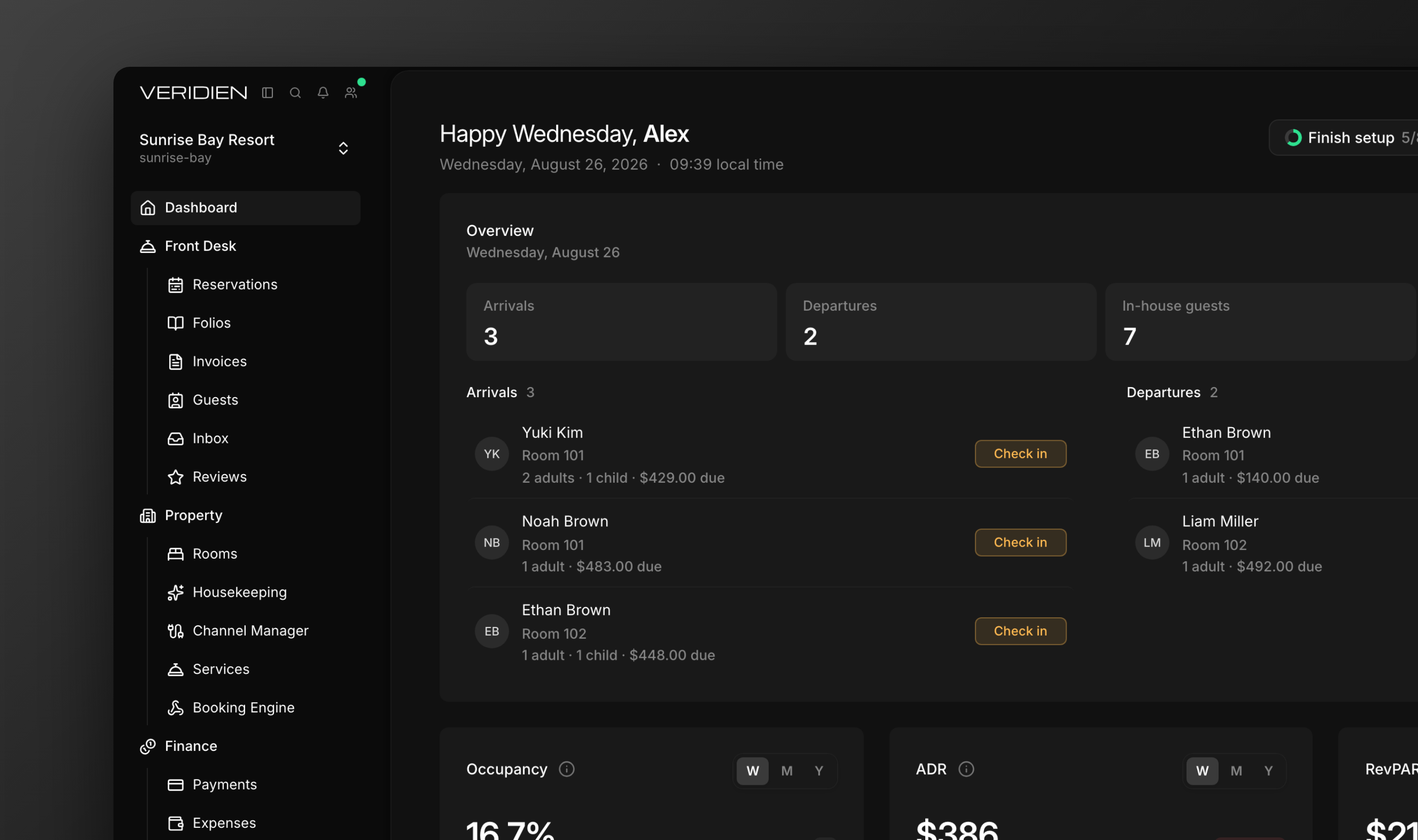 The Veridien property dashboard with arrivals, departures, and performance widgets