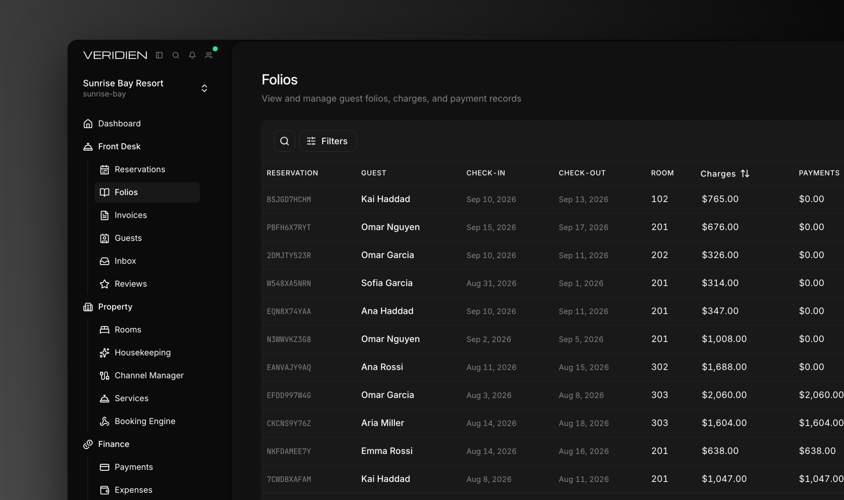 The Folios page listing guest folios with balances and statuses