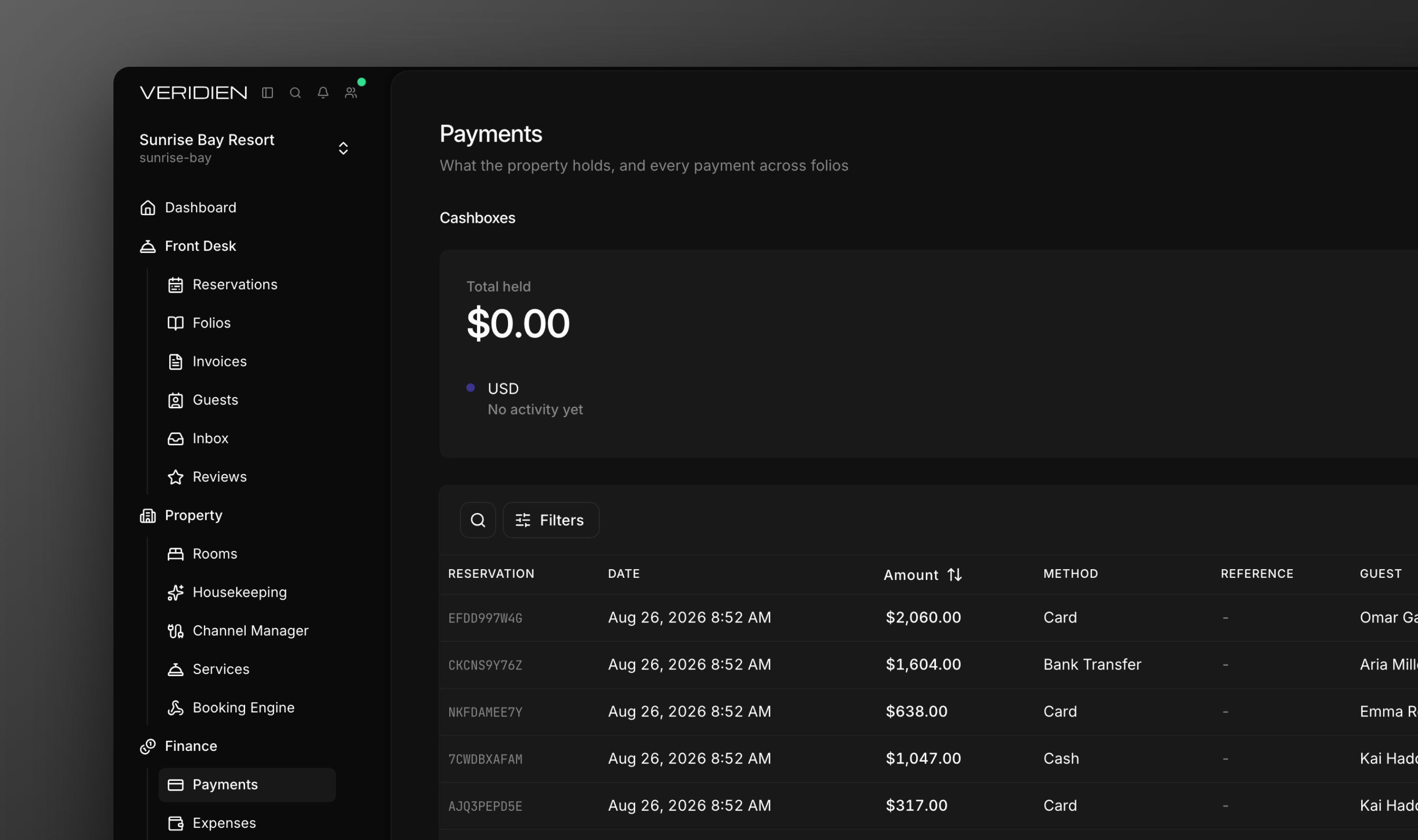 The Payment Journal listing recorded payments with method, reference, guest, and folio