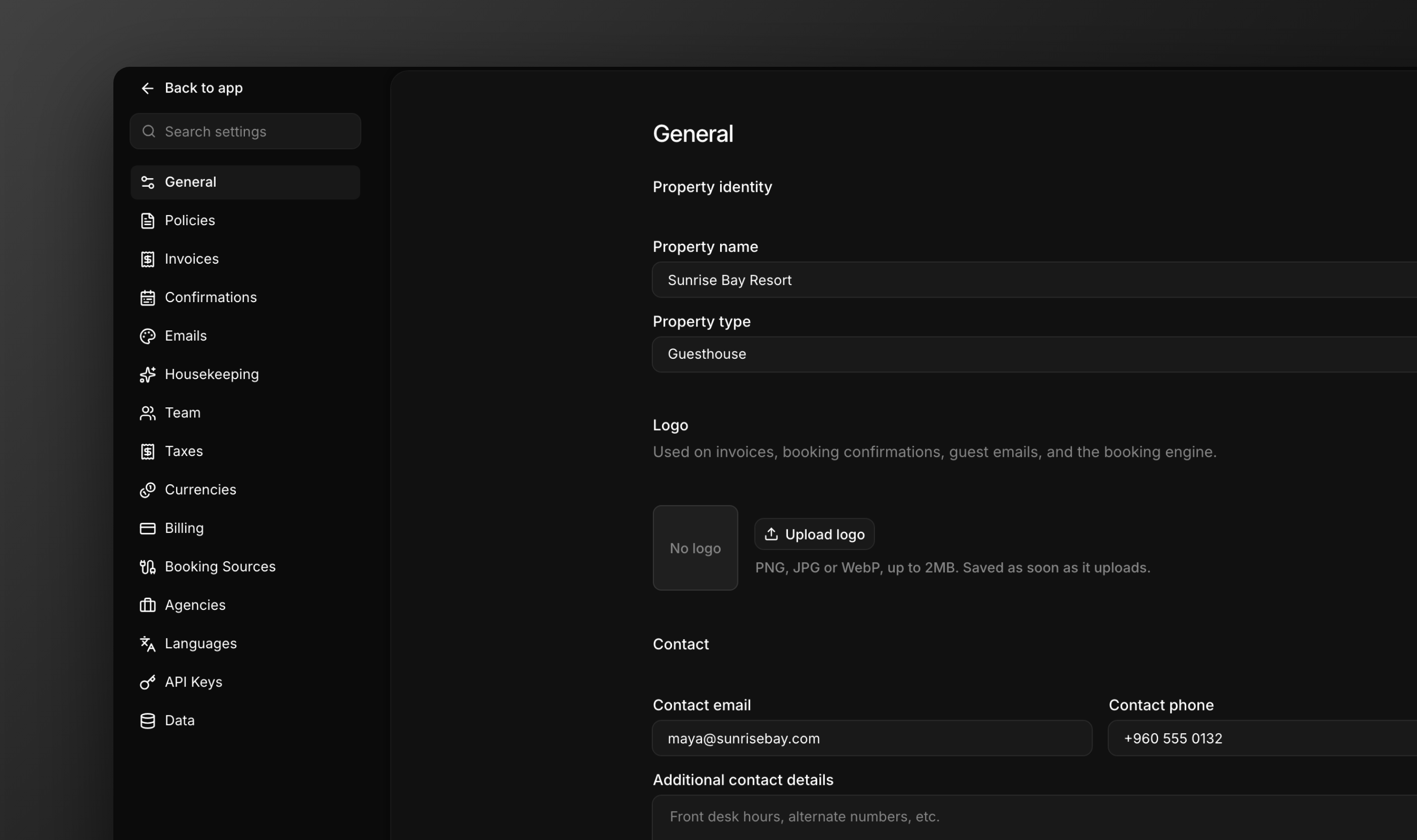 The Property Settings general tab with property information fields