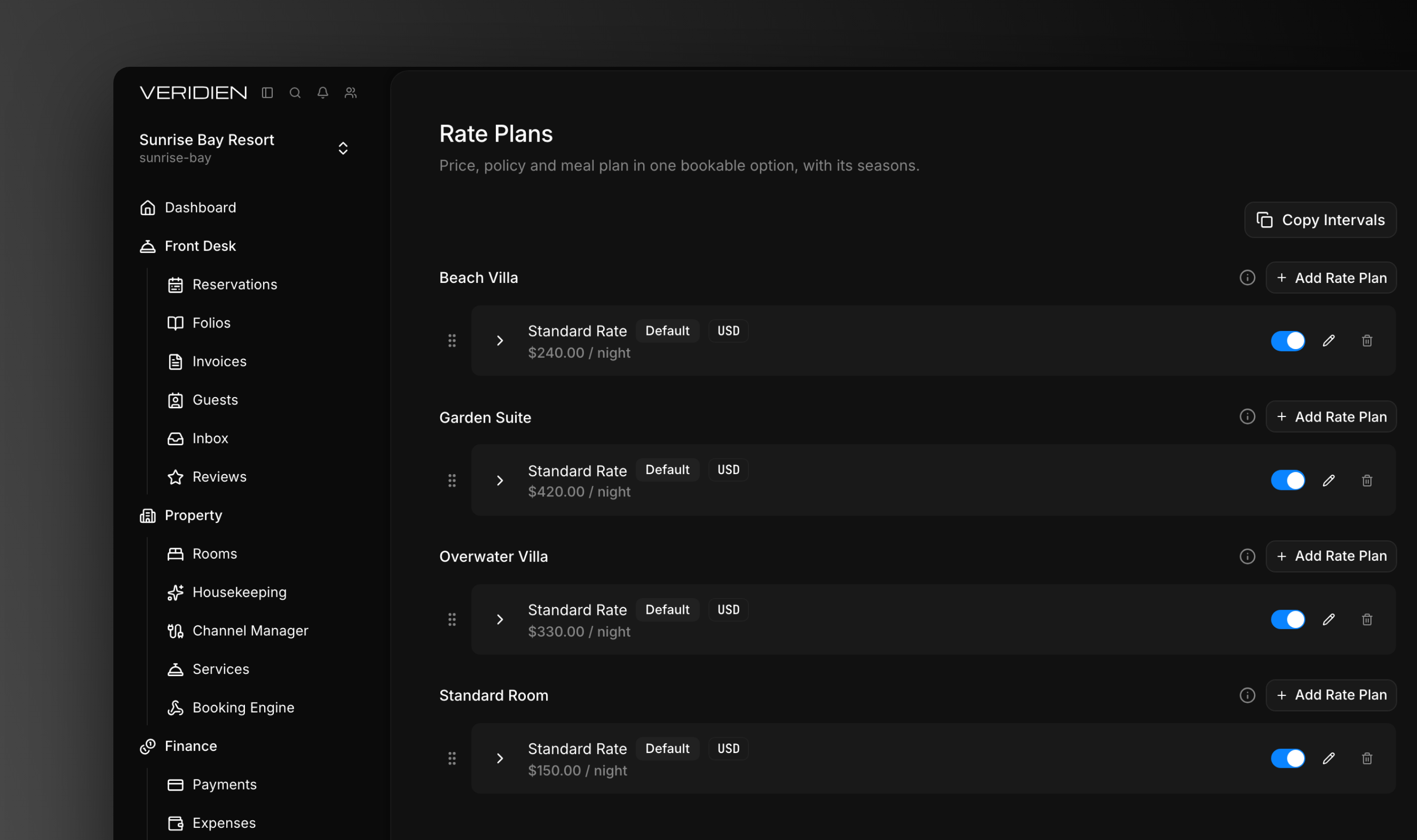 The Rate Plans page with seasonal rate cards per room type