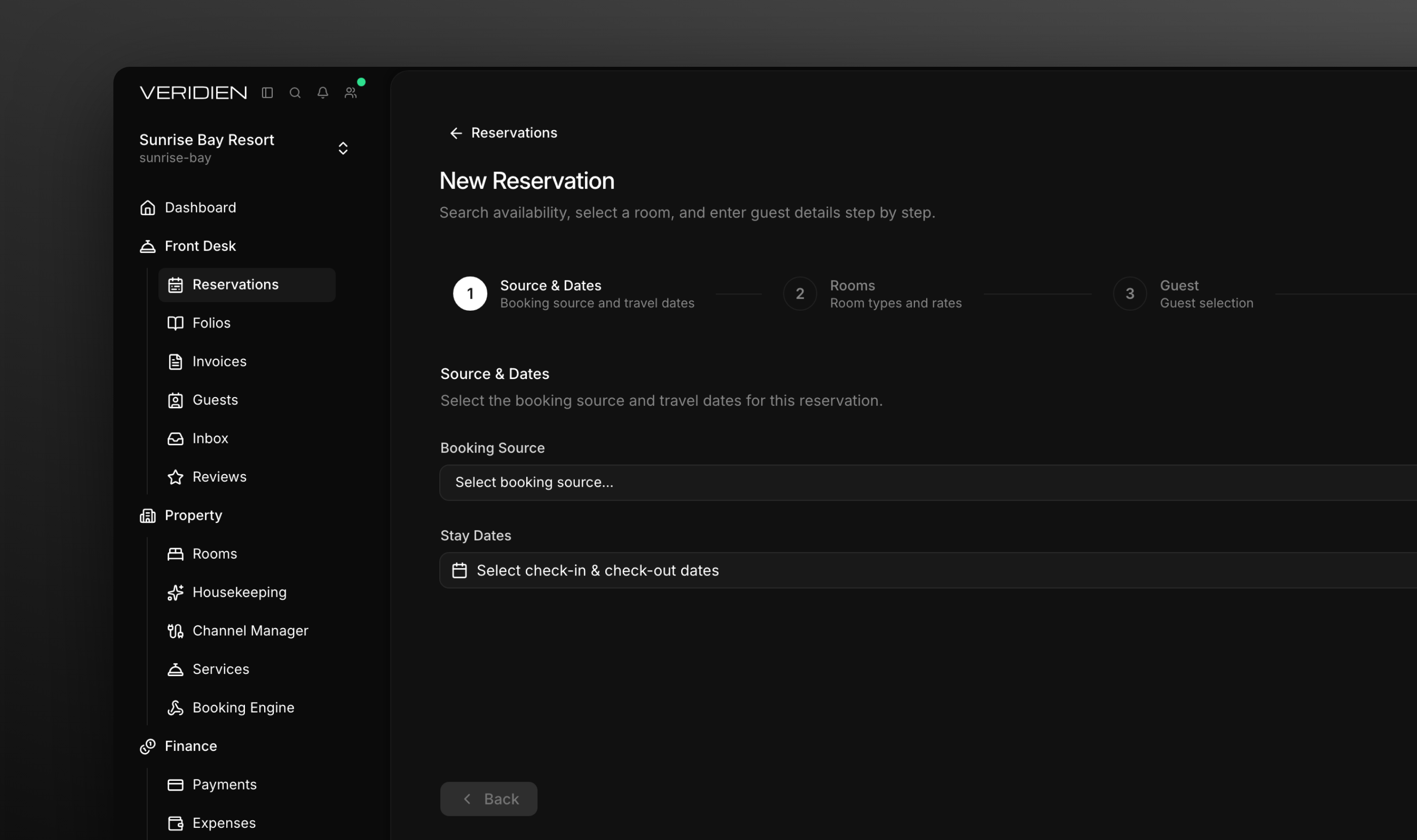 Step one of the reservation wizard: booking source and dates