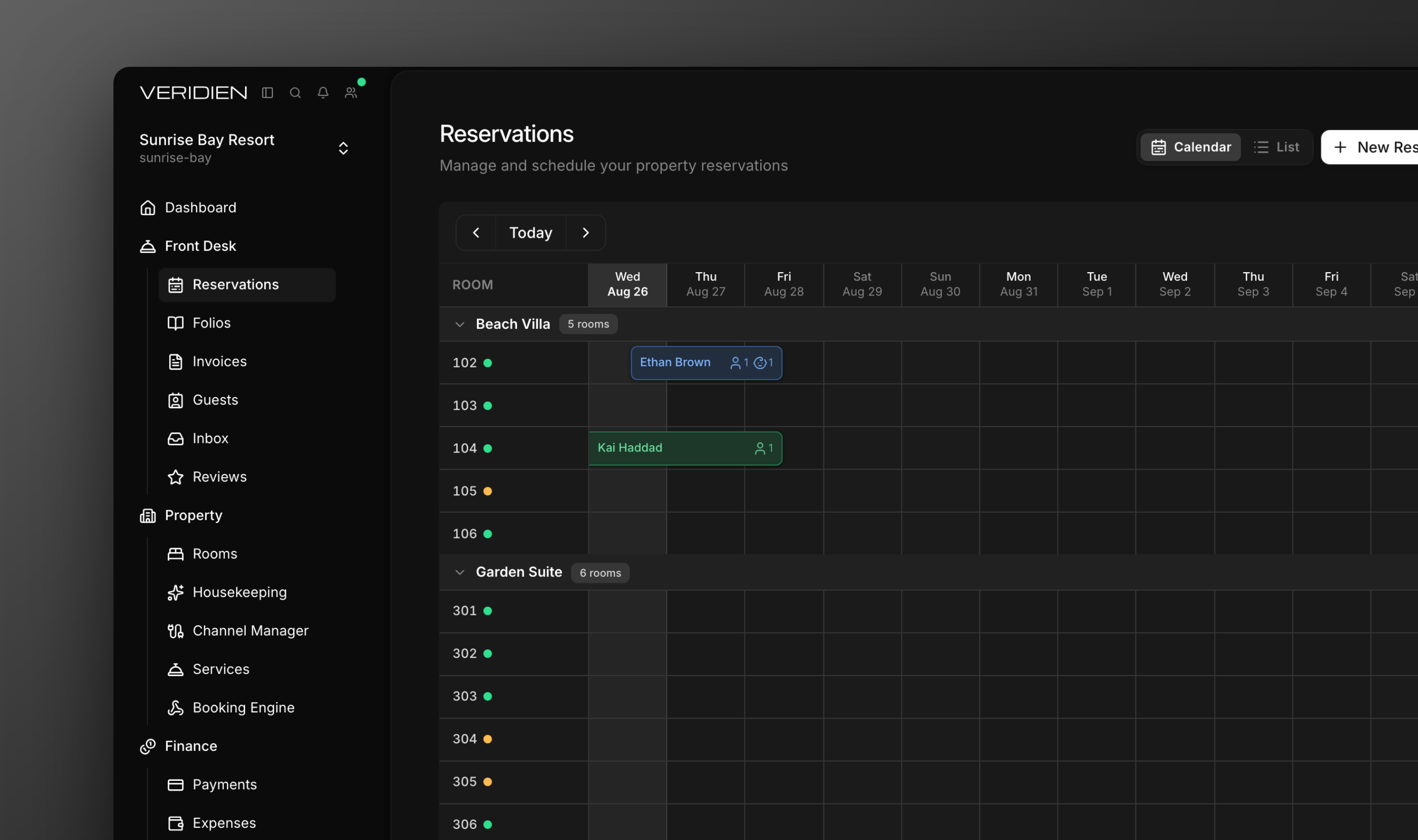 The reservations calendar showing rooms and availability across two weeks