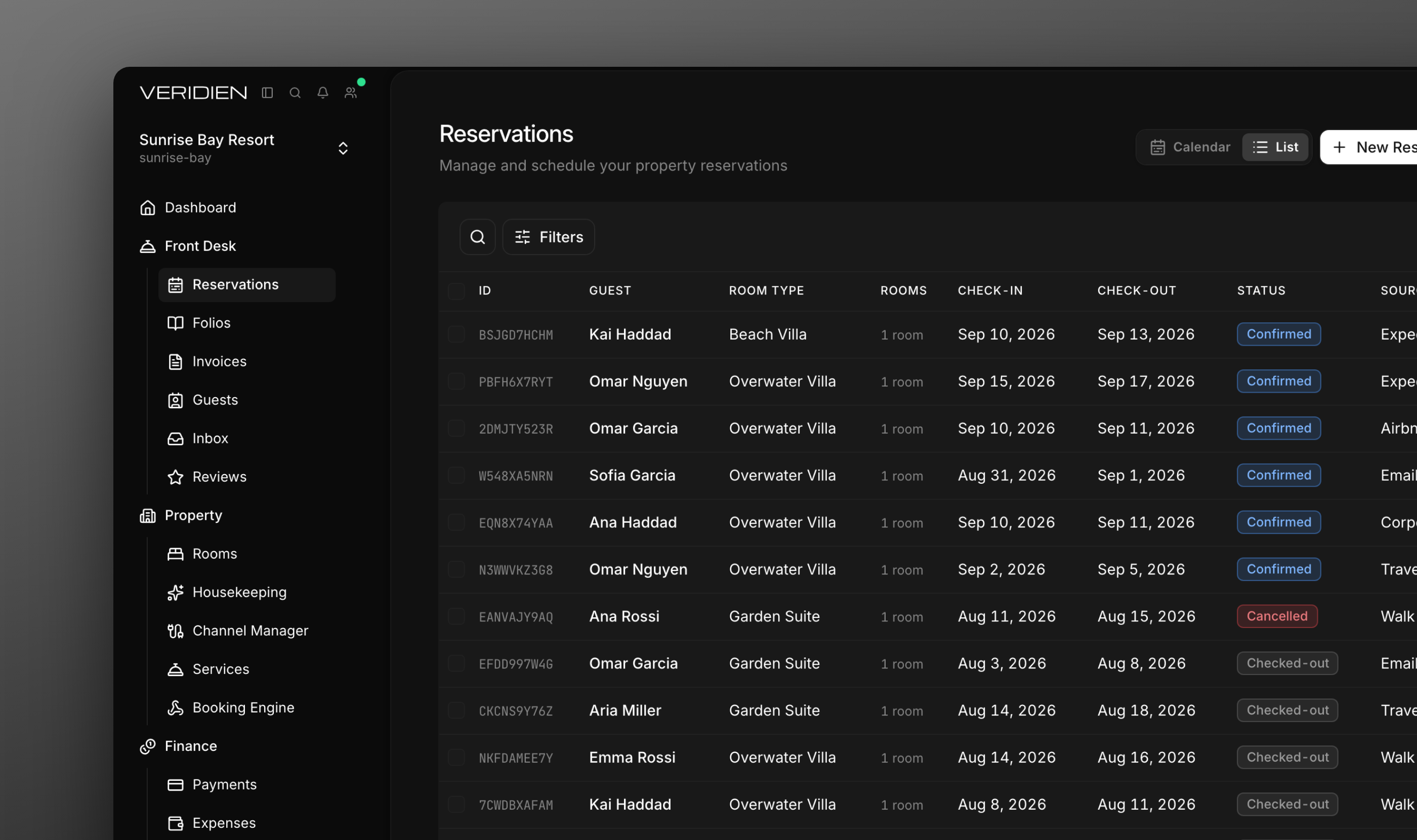 The reservations list view where arrivals are checked in