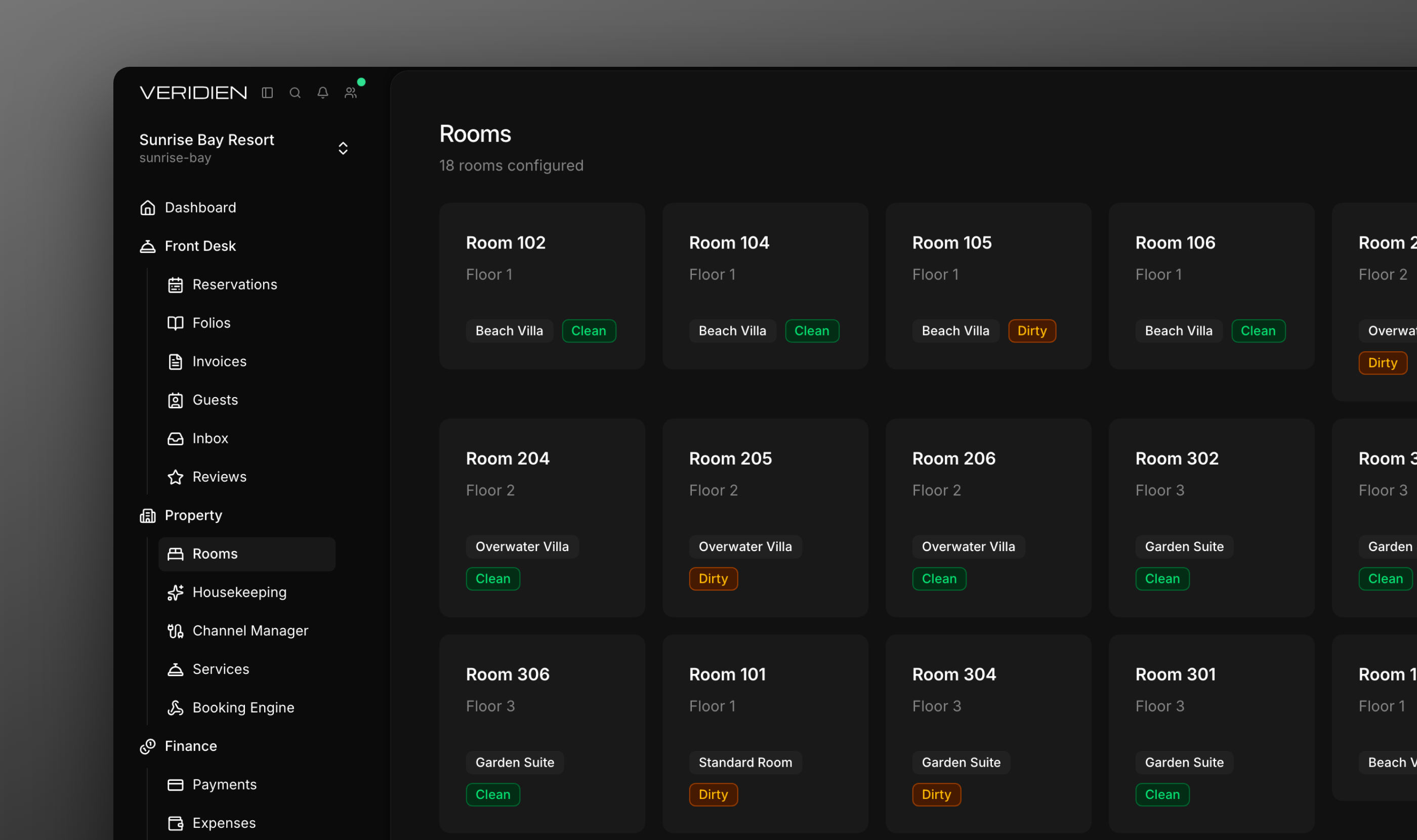The Rooms page listing every room with its type, floor, and cleanliness status