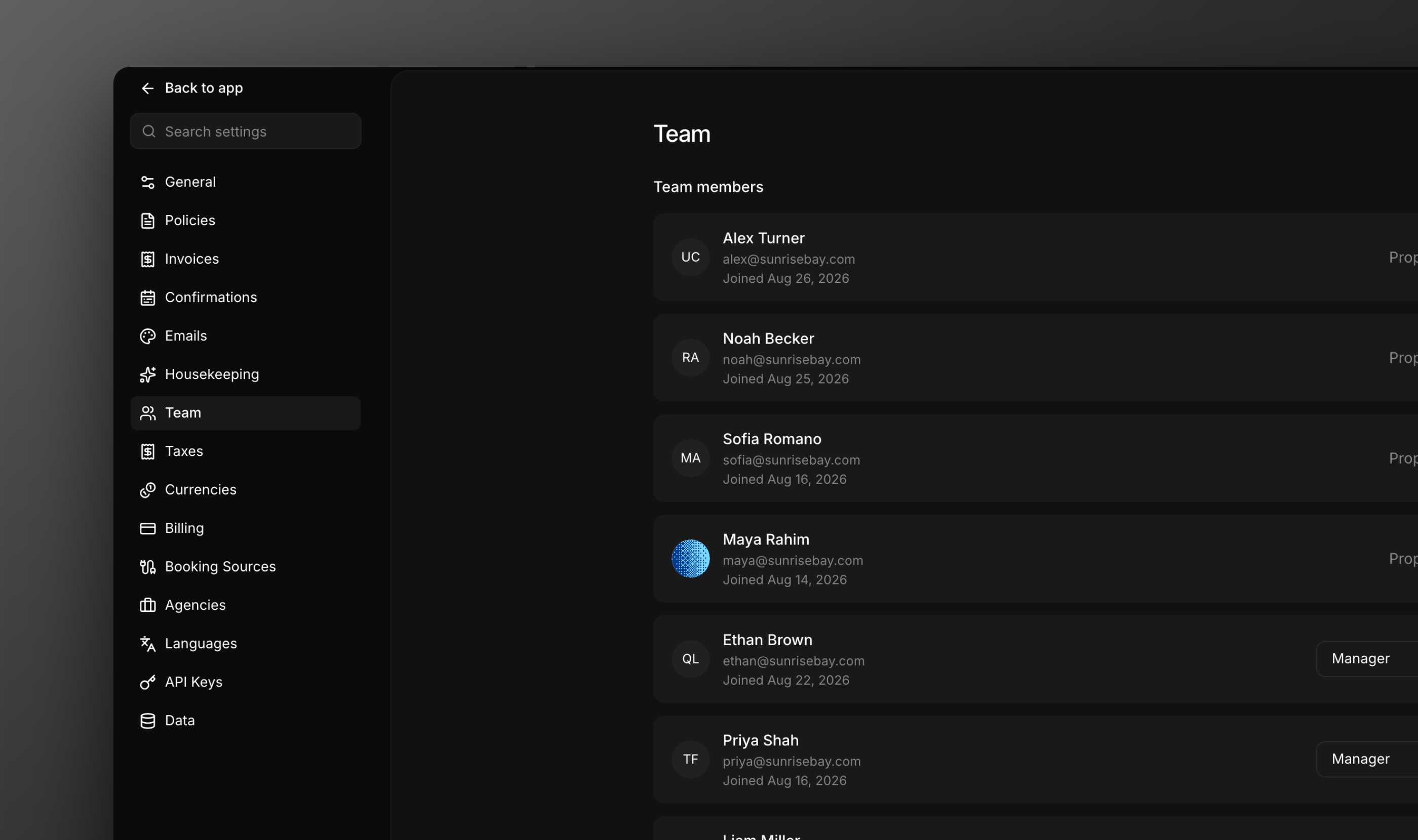 The Team page listing members with their roles